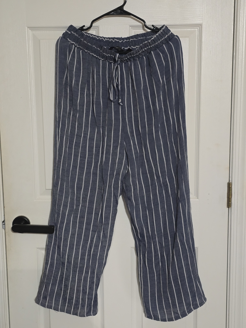 Mlle Gabrielle Navy Blue and White Vertical Stripe Wide-Leg Pants